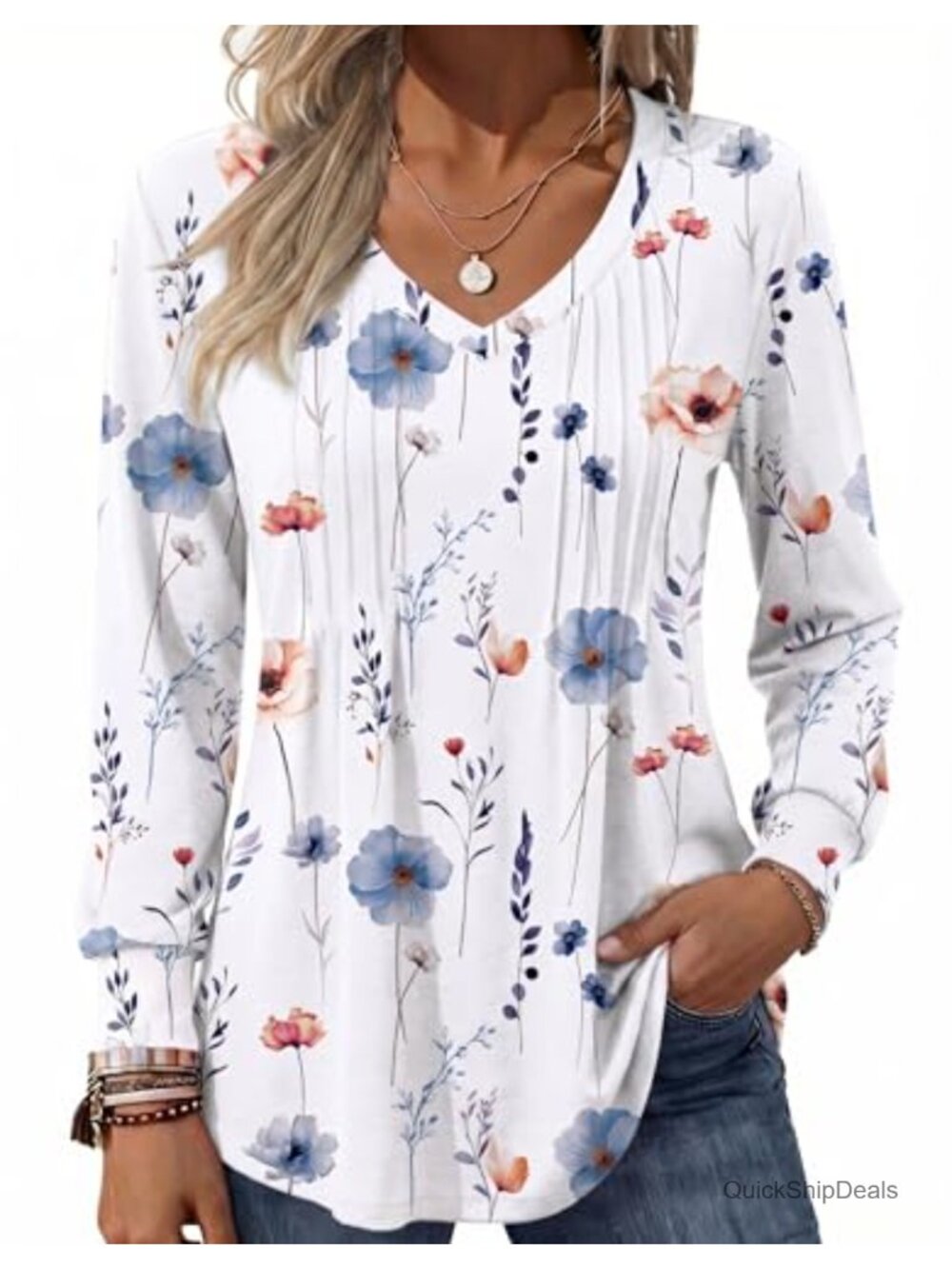 Puff Long Sleeve Pleated V Neck Blouse Tunic Top